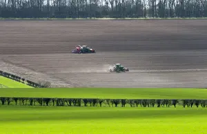 Drill Prints: Tractors cultivating and drilling cereal crop in arable farmland