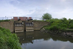 Flood Prints: Twin flood barriers, River Severn, Gloucestershire, England, April