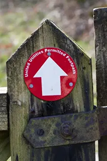 Directions Prints: United Utilities Permitted Footpath direction sign on footpath gate, England, april