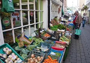 Local Prints: Vegetables and fruit for sale outside greengrocers shop