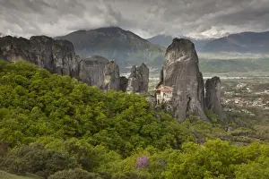 Religions Prints: View of ancient monastery, on conglomerate pinnacles and cliffs