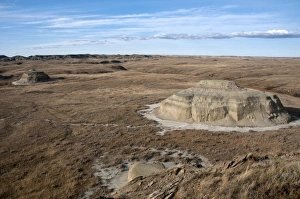 View of badlands in shortgrass prairie habitat, East Bloc, Grasslands N. P. Southern Saskatchewan, Canada, october