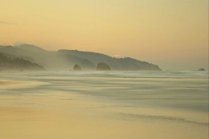 Stacks Prints: View of beach and distant sea stacks at dusk, Cannon Beach, Oregon, U. S. A