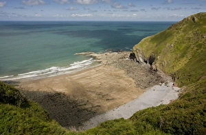 View of beach from south-west coast path, Shipload Bay, Hartland Point, North Devon, England, august