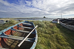 Castles Prints: View of boats and coastline with castle in distance
