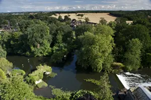 Warwickshire Prints: View from castle overlooking river with weir and surrounding countryside