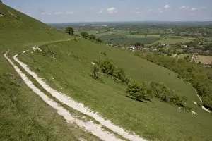 Slopes Prints: View of chalk escarpment overlooking village and farmland