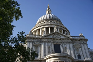 View of city cathedral with dome, St. Pauls Cathedral, City of London, London, England, april