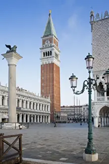 Religions Prints: View of city square with Lion of Saint Mark on column and belltower of Roman Catholic cathedral