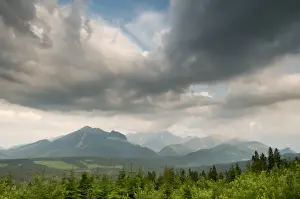 Eastern Europe Prints: View of clouds over coniferous montane forest habitat at sunset