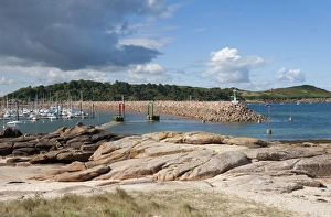 Moored Prints: View of coast with boats moored at marina