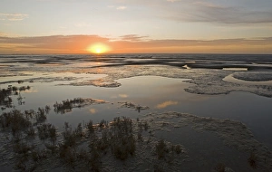 View of coastal estuary mudflats at sunset, Snettisham RSPB Reserve, The Wash, Norfolk, England, winter