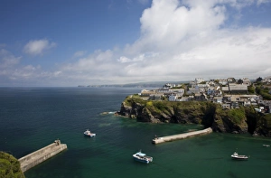 Port Prints: View of coastal fishing village with fishing boats at sea
