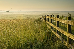 Fence Prints: View of coastal grazing marsh at sunrise