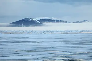 Drifting Prints: View of coastal ice floes, with fog covered mountains in background