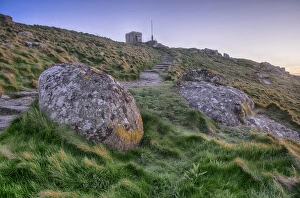 Slopes Prints: View of coastal pathway to watchtower, Sennen Cove, Sennen, Cornwall, England, May