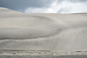 Mexican Prints: View of coastal sand dunes and beach at edge of lagoon