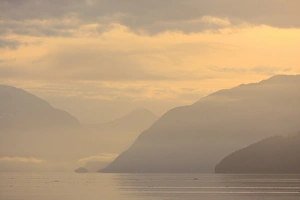 Sunrise Prints: View of coastline at sunrise, Knight Inlet