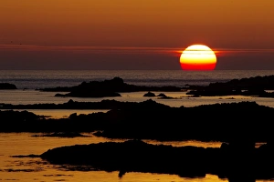 Channel Island Prints: View of coastline at sunset, L Eree Bay, Guernsey, Channel Islands, May