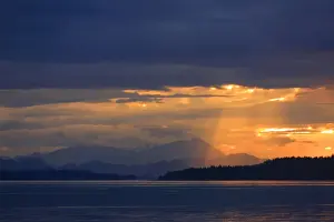 View of coastline and temperate coastal rainforest with sunbeams at sunrise, Queen Charlotte Strait, Inside Passage