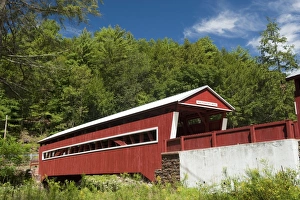 View of covered bridge crossing river, The Twin Bridges, East and West Paden, Huntington Creek, Columbia County
