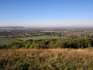 View from downland across Princes Risborough towards Chinnor Hill, Whiteleaf Hill Nature Reserve, Chilterns