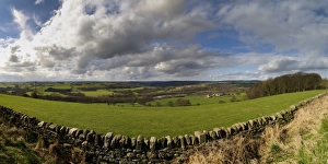 Drystone Prints: View over drystone wall across farmland towards lake