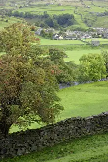 Dry Stone Prints: View of drystone wall, trees, river and village in valley bottom