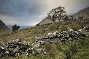 View of drystone walls and abandoned farmhouse, Black Valley, Macgillycuddys Reeks, Killarney, County Kerry, Munster