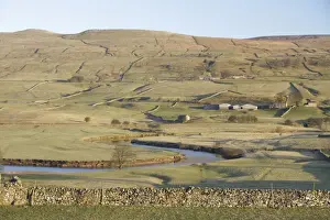 Wensleydale Prints: View of drystone walls, pasture and farm buildings in valley bottom with slight frost