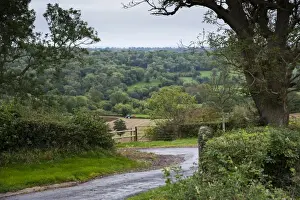 Plough Prints: View of farm track, tractor ploughing in field and woodland on slope in distance