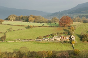 Dark Peak Prints: View of farmhouse and pastures on hillside