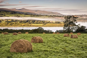 Sunrise Prints: View of farmland with hay bales in meadow at sunrise