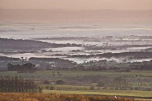 Sun Set Prints: View of farmland in mist at sunset, Fylde, Lancashire, England, february