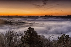 View of farmland and river shrouded in mist at sunrise, Lower Wyndcliff, Chepstow, River Wye, Lower Wye Valley