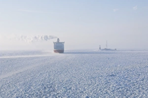 Ship Prints: View of ferry in frozen sea at dawn