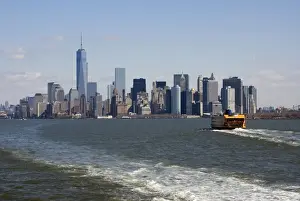 Town Prints: View of ferry on river and city skyline with One World Trade Center skyscraper