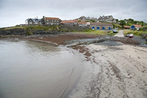 View of fishing village harbour, Craster, Northumberland, England, july