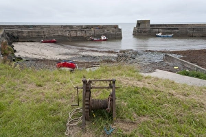 View of fishing village harbour, Craster, Northumberland, England, july