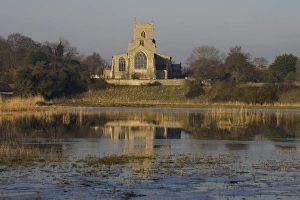 Floods Prints: View across flooded grazing marsh towards church