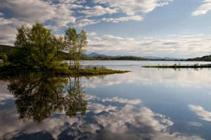 Highland Prints: View of freshwater loch with clouds and trees reflected in still water