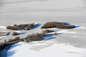 Climate Prints: View of frozen lake, looking across Great Bay towards Cat Bells and High Crag