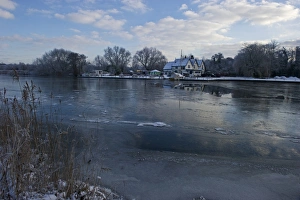 Yare Prints: View of frozen river and pub on riverbank
