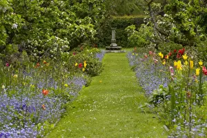 Pathway Prints: View of garden with apple orchard and planted flower borders beside grass path