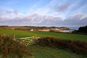 Gates Prints: View of gate, pasture and distant coastal village at dawn