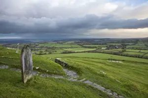 Moorland Prints: View of graveyard and path leading from 13th century church on moorland at sunrise