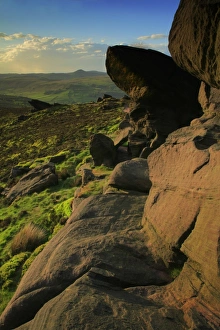 View of gritstone hills on moorland in evening sunlight, The Roaches (The Roches), Peak District