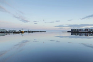 Port Prints: View of harbour with calm water at sunrise, Hafnarfjordur, Iceland, August
