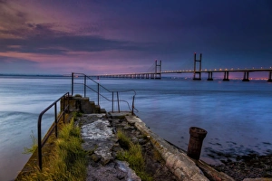 Gloucestershire Prints: View of jetty and road bridge at sunrise