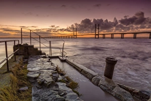 View of jetty and road bridge at sunrise, Sudbrook Jetty, Second Severn Crossing, River Severn, Severn Estuary